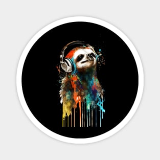 Sloth Painting With Headphones Listening to Music Magnet